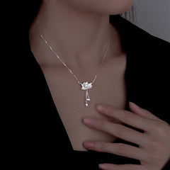 Sterling Silver Lotus Tassel Necklace - beautiful Heart Hoop Earrings