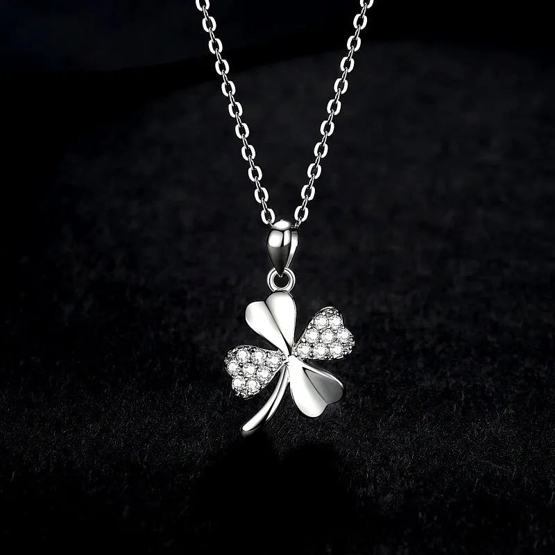 Sterling Silver Lucky Four-Leaf Clover Necklace worn to showcase its length and pendant detail