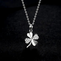 Sterling Silver Lucky Four-Leaf Clover Necklace worn to showcase its length and pendant detail