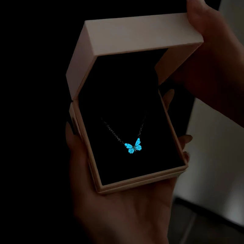 Sterling Silver Luminous Butterfly Necklace worn to showcase its length and pendant detail