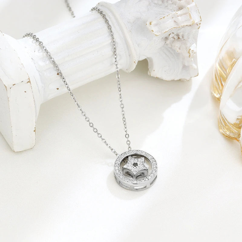 Sterling Silver Luxury Diamond Circle Star Necklace worn to showcase its length and pendant detail