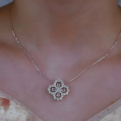 Sterling Silver Luxury Diamond Four-Leaf Clover Necklace worn to showcase its length and pendant detail