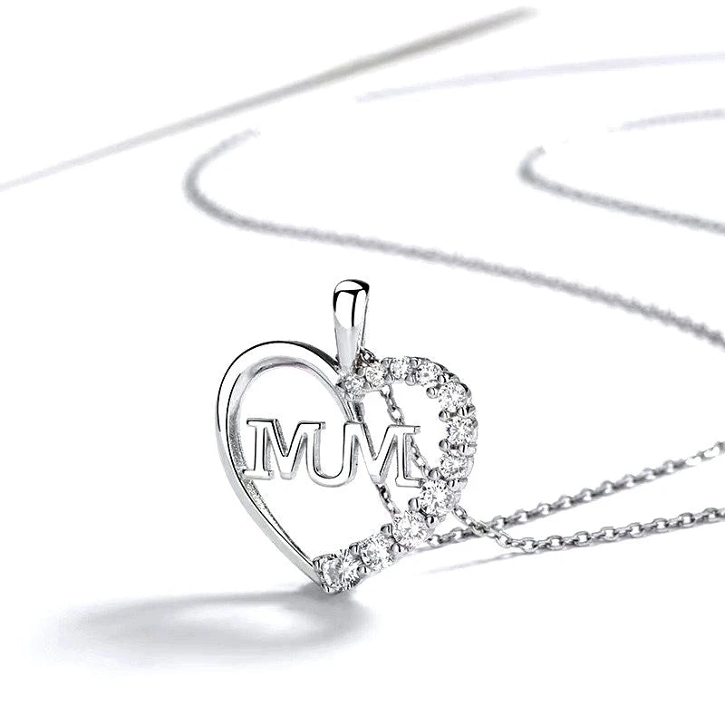 Sterling Silver Luxury Diamond Heart-Design MUM Necklace worn to showcase its length and pendant detail