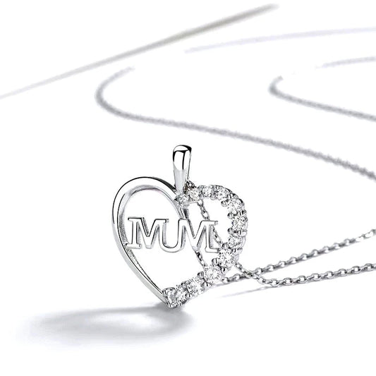 Sterling Silver Luxury Diamond Heart-Design MUM Necklace worn to showcase its length and pendant detail