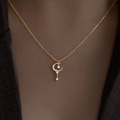 Sterling Silver Luxury Diamond Moon Pendant Necklace worn to showcase its length and pendant detail