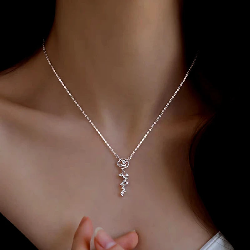 Sterling Silver Luxury Diamond Rose Necklace worn to showcase its length and pendant detail