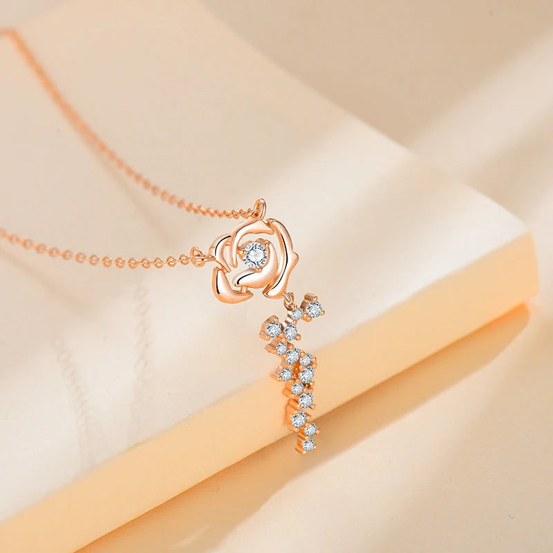 Detailed view of the Sterling Silver Luxury Diamond Rose Necklace chain and pendant