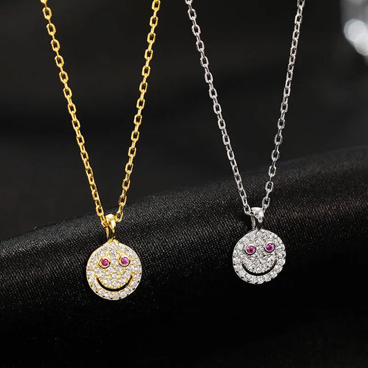 Sterling Silver Luxury Diamond Smiley Face Necklace worn to showcase its length and pendant detail