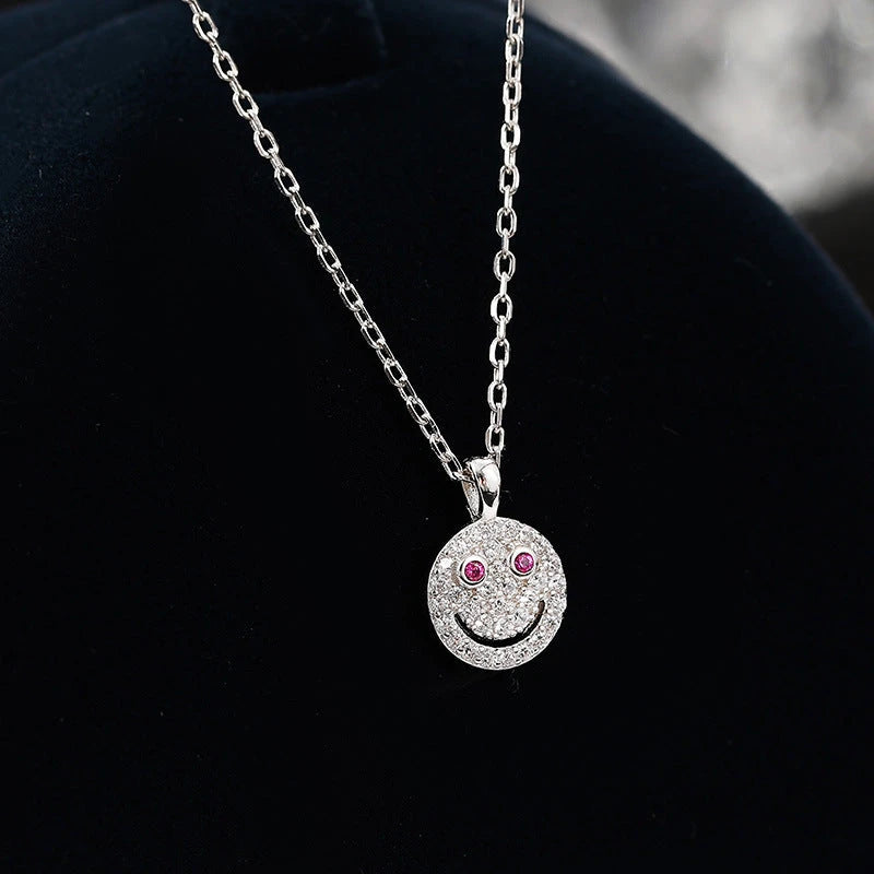 Detailed view of the Sterling Silver Luxury Diamond Smiley Face Necklace chain and pendant