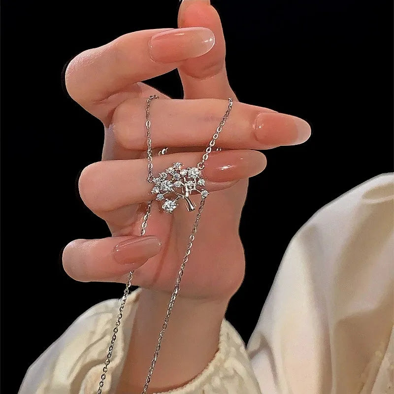 Detailed view of the Sterling Silver Luxury Diamond Wishing Tree Necklace chain and pendant