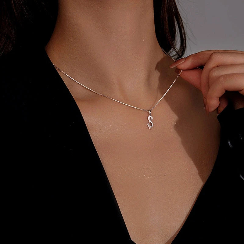 Sterling Silver Luxury Dollar Symbol Pendant Necklace - beautiful Butterfly Pearl Earrings