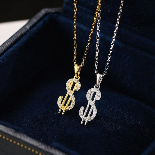 Sterling Silver Luxury Dollar Symbol Pendant Necklace worn to showcase its length and pendant detail