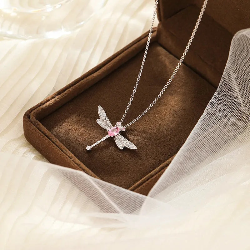 Sterling Silver Luxury Dragonfly Pink Zircon Diamond Necklace worn to showcase its length and pendant detail