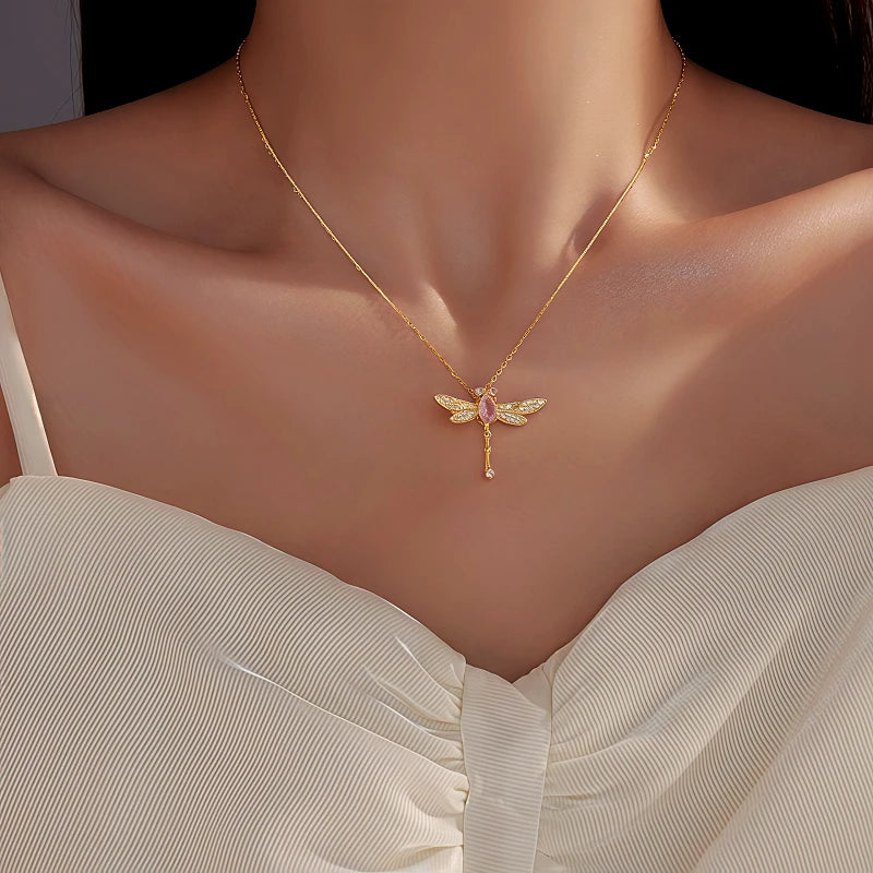 Detailed view of the Sterling Silver Luxury Dragonfly Pink Zircon Diamond Necklace chain and pendant
