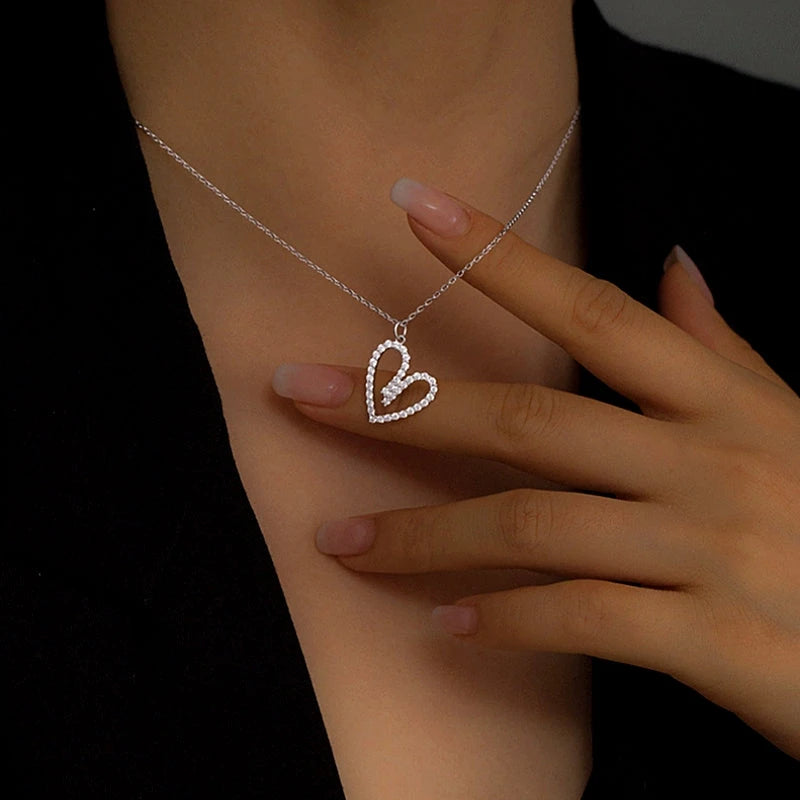 Sterling Silver Luxury Hollow Zircon Heart Pendant Necklace - beautiful Luxury Diamond Necklace