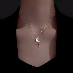 Sterling Silver Luxury Moon And Star Necklace worn to showcase its length and pendant detail