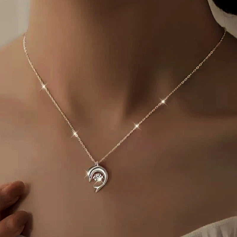Sterling Silver Luxury Moving Zircon Dolphin Necklace - beautiful Zircon Dolphin Necklace