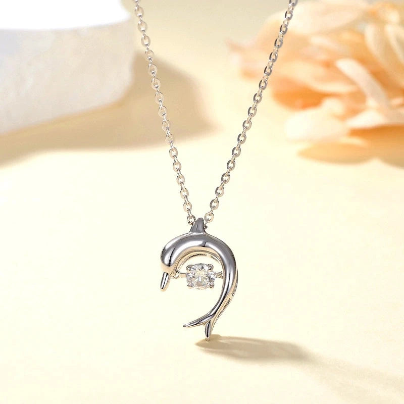Detailed view of the Sterling Silver Luxury Moving Zircon Dolphin Necklace chain and pendant