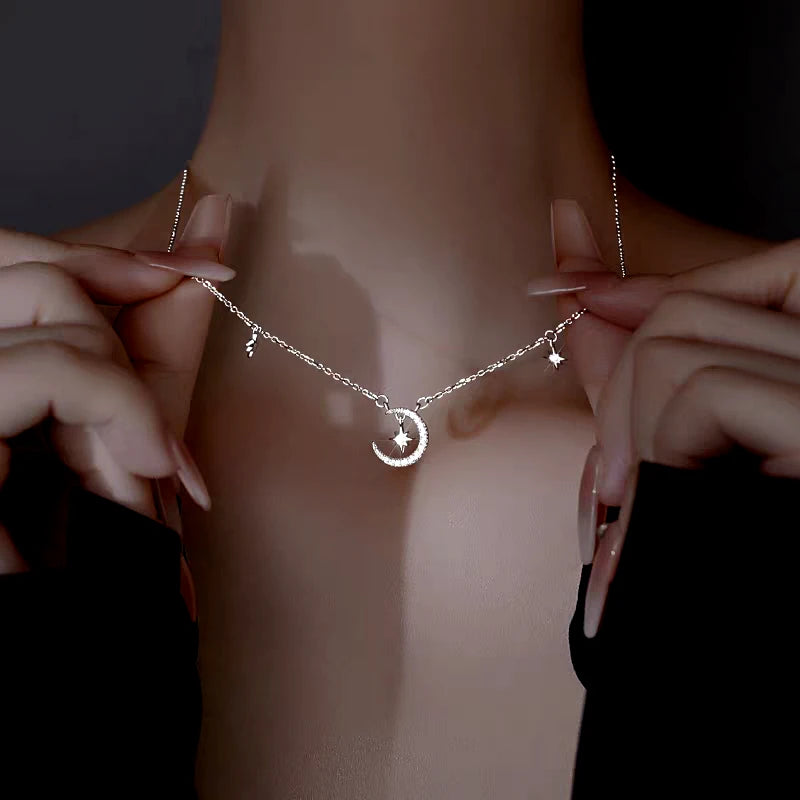 Sterling Silver Luxury Star And Moon Necklace - beautiful Star and Moon Necklace