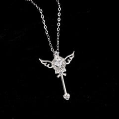 Sterling Silver Luxury Zircon Angel Wing Fairy Wand Necklace - beautiful Angel Wing Necklace