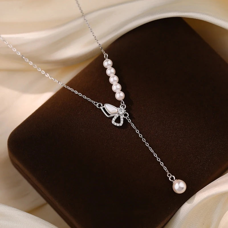 Sterling Silver Luxury Zircon Diamond Butterfly Pearl Tassel Necklace - beautiful Butterfly Tassel Necklace