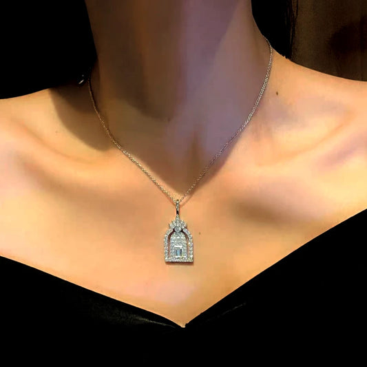 Sterling Silver Luxury Zircon Diamond Door Of Happiness Necklace worn to showcase its length and pendant detail