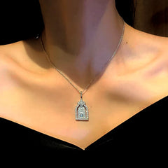 Sterling Silver Luxury Zircon Diamond Door Of Happiness Necklace worn to showcase its length and pendant detail