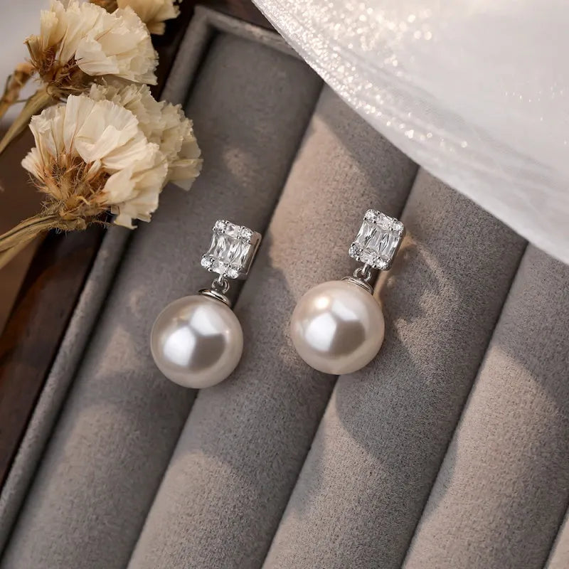 Sterling Silver Luxury Zircon Diamond Pearl Earrings - elegant Pearl Drop Earrings