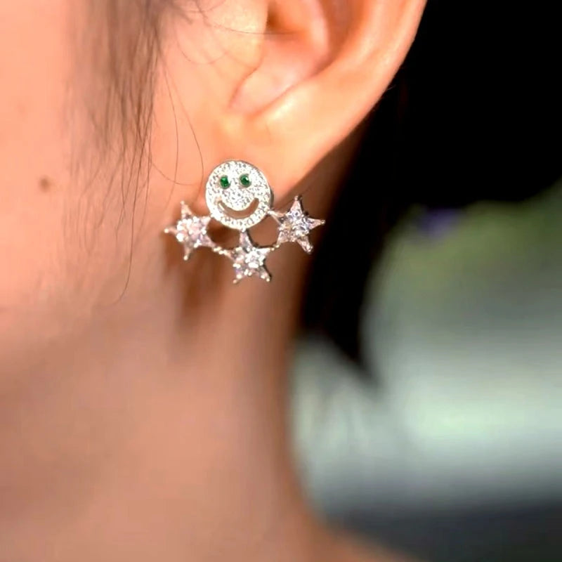 Model showcasing the dangle and style of the Sterling Silver Luxury Zircon Diamond Smile face Star Earrings