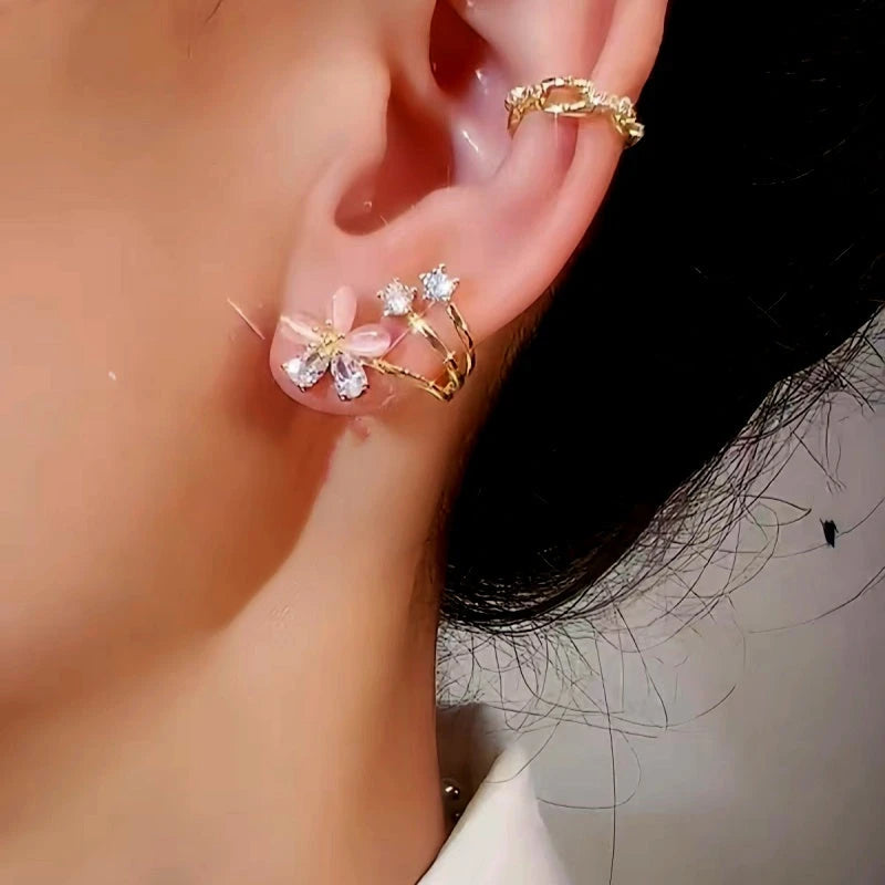Model showcasing the dangle and style of the Sterling Silver Luxury Zircon Flower Studs