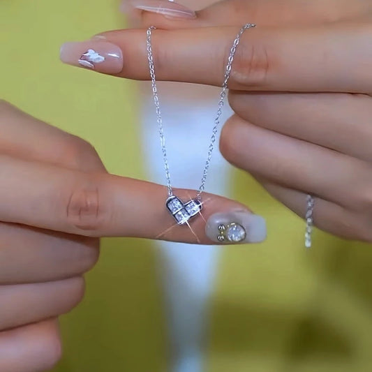 Sterling Silver Luxury Zircon Geometric Heart Clavicle Necklace - beautiful Geometric Heart Necklace