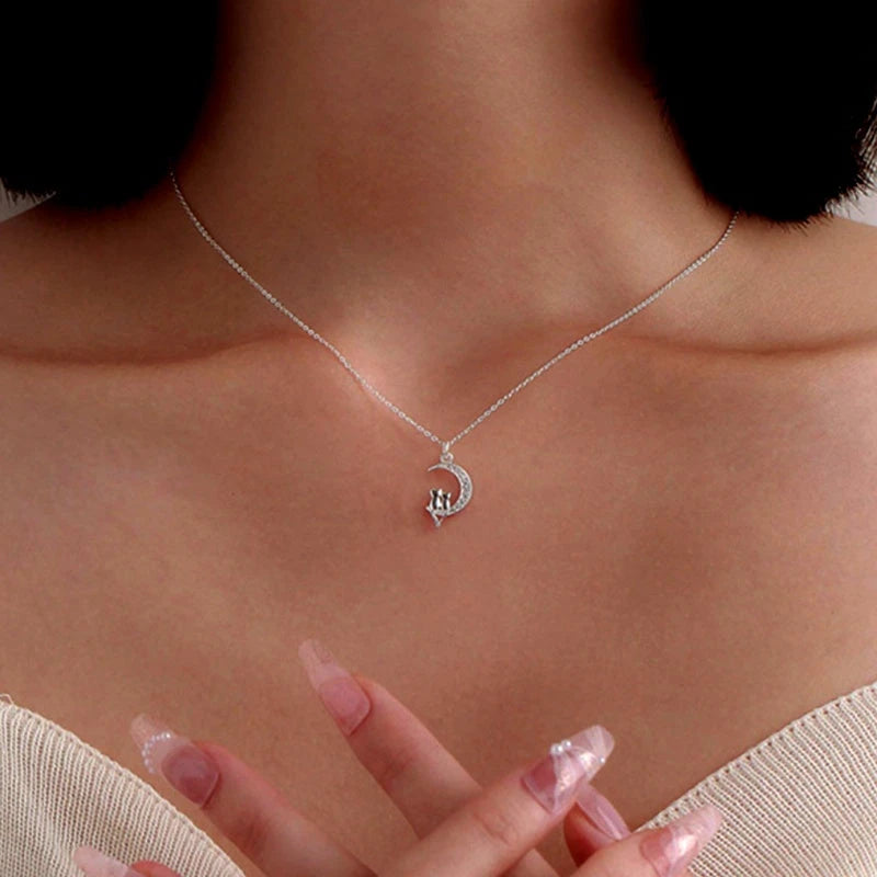 Close-up of the pendant and clasp on the Cat on Moon Necklace