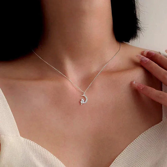 Sterling Silver Luxury Zircon Moon Cat Necklace worn to showcase its length and pendant detail