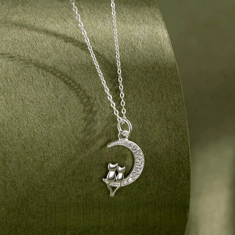 Sterling Silver Luxury Zircon Moon Cat Necklace - beautiful Cat on Moon Necklace