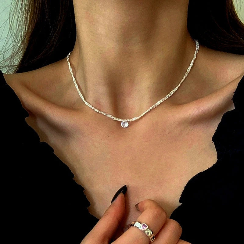 Sterling Silver Luxury Zircon Multi-Layer Braided Necklace worn to showcase its length and pendant detail