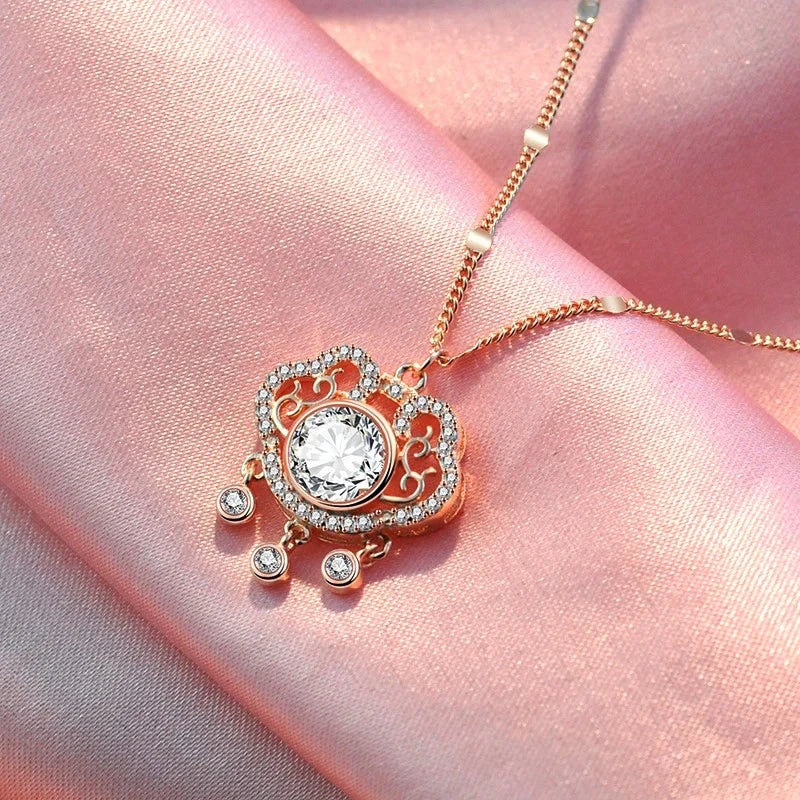 Sterling Silver Luxury Zircon Ruyi Peace Lock Necklace worn to showcase its length and pendant detail
