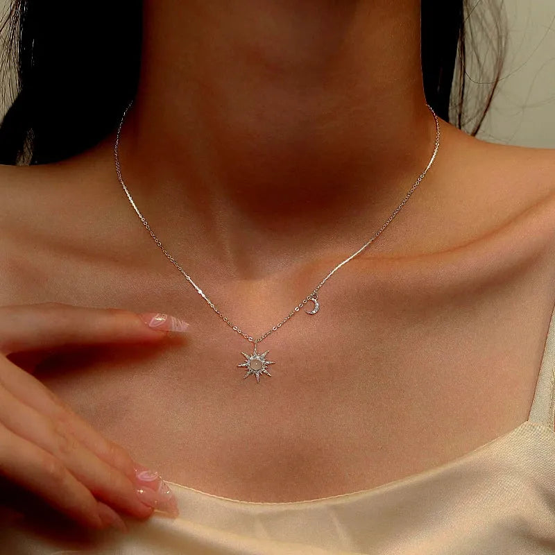 Sterling Silver Luxury Zircon Star And Moon Necklace - beautiful Star and Moon Necklace