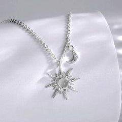 Sterling Silver Luxury Zircon Star And Moon Necklace worn to showcase its length and pendant detail
