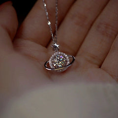 Detailed view of the Sterling Silver Luxury planet Surrounded By Moissanite Necklaces chain and pendant