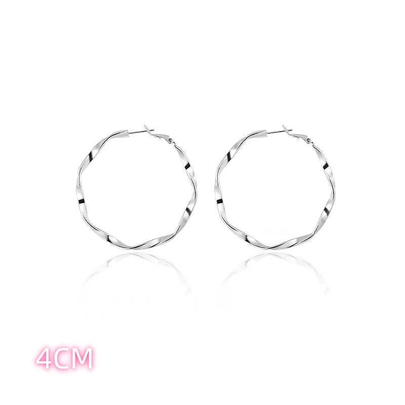 4cm Silver Twisted Hoop Earrings, Medium Everyday Women's Fashion Hoop Earrings