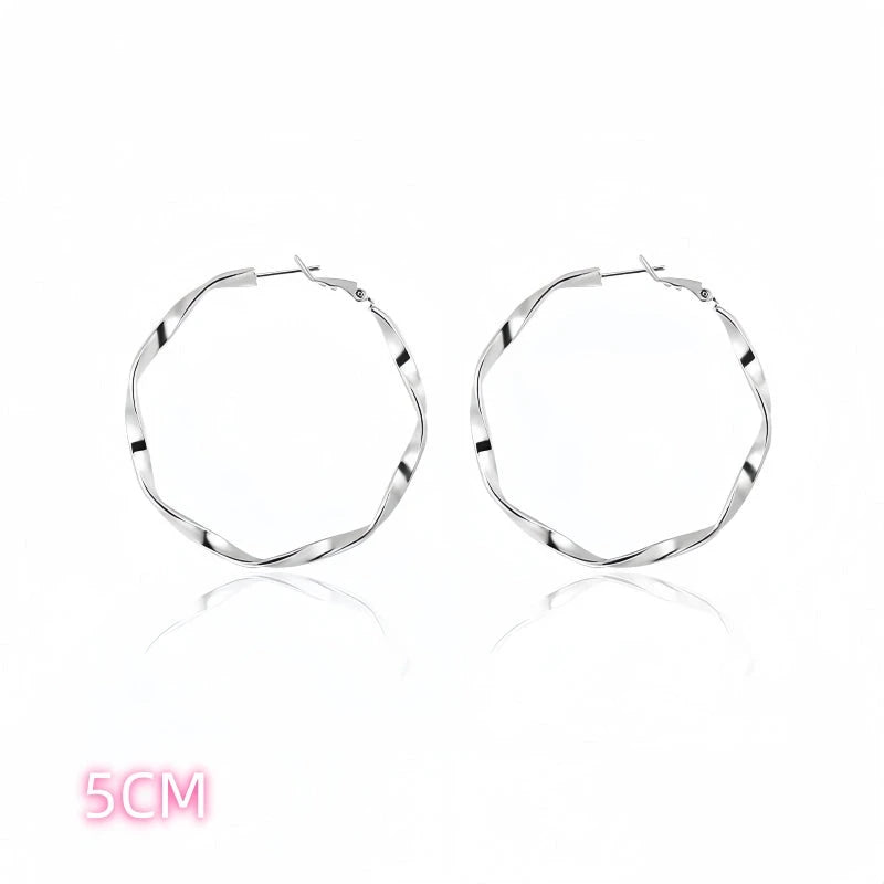 5cm Silver Twisted Hoop Earrings, Large Statement Women's Fashion Hoop Earrings