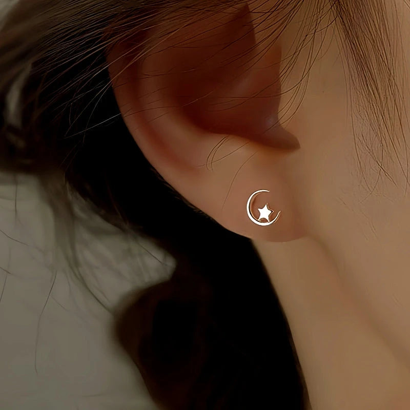 Sterling Silver Moon And Star Stud Earrings - elegant Moon and Star Studs
