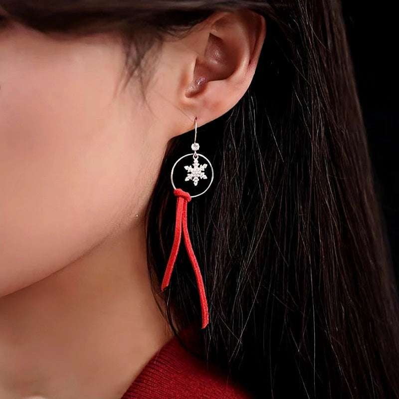 Sterling Silver Moose Snowflake Circle Red Velvet Tassel Earrings - elegant Christmas Tassel Earrings