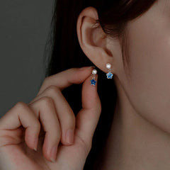 Sterling Silver Pearl Blue Flower Earrings - elegant Blue Flower Earrings