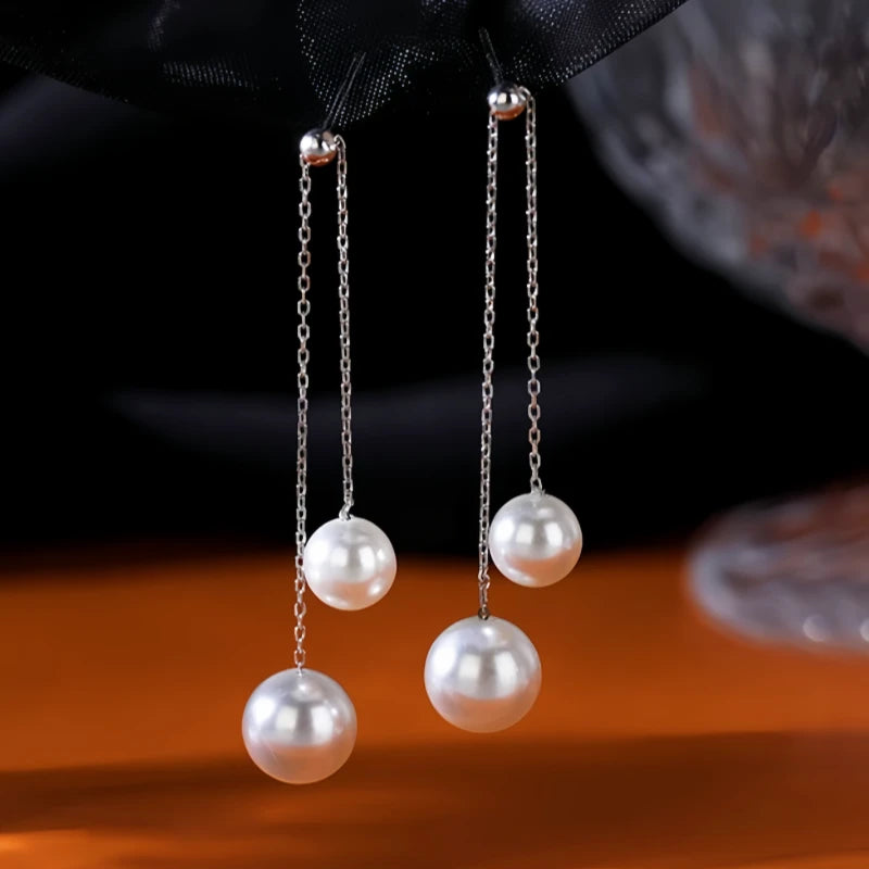 Close-up detail of the sparkling zircons and plating on the Pearl Tassel Earrings