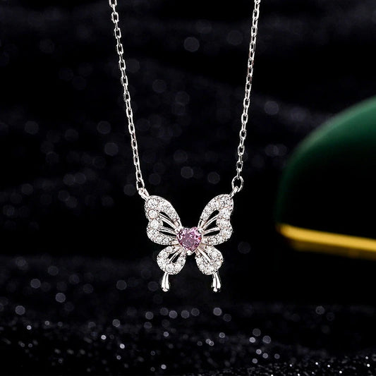 Sterling Silver Purple Diamond Heart Butterfly Necklace worn to showcase its length and pendant detail