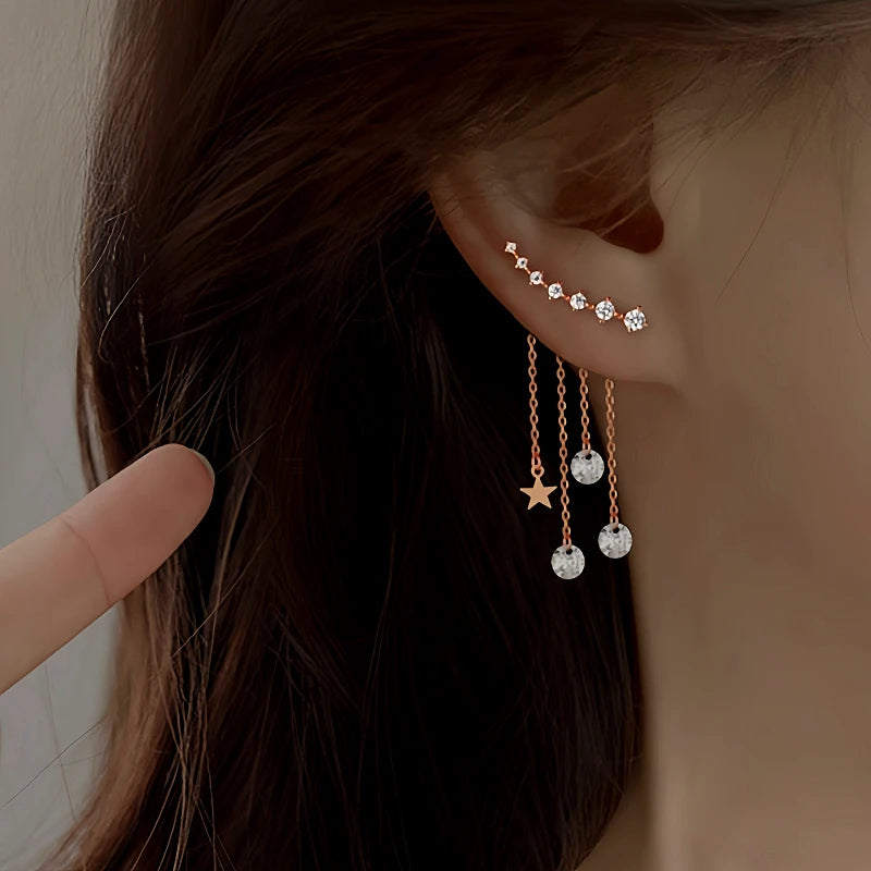 Sterling Silver Rose Golden Elegant Zircon Diamond Star Tassel Earrings - elegant Star Tassel Earrings
