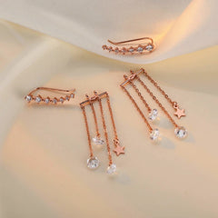 Close-up detail of the sparkling zircons and plating on the Star Tassel Earrings