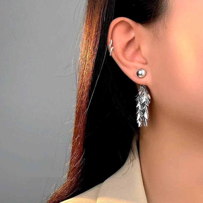 Sterling Silver S999 Leaf Pearl Tassel Earrings - elegant Pearl and Leaf Earrings