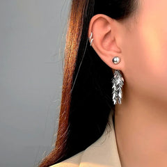 Sterling Silver S999 Leaf Pearl Tassel Earrings - elegant Pearl and Leaf Earrings